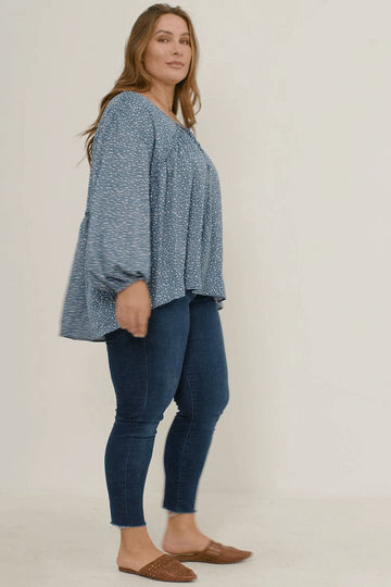 HY5124W BLUE Plus Ruffled Seam Detail Tasseled Long Sleeve Top Full Body